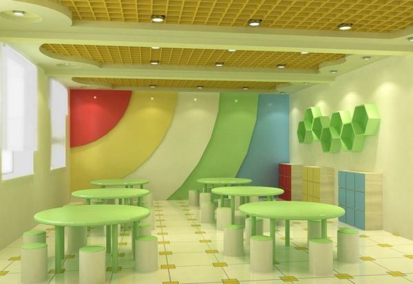 przedszkole-wnętrza-zielono-round-stoły i lampy sufitowe