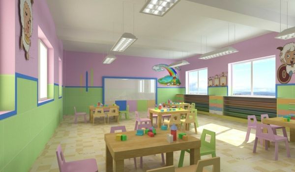 przedszkola, wnętrze drewnie Stoły-i ścian w swojej różowo i zielony