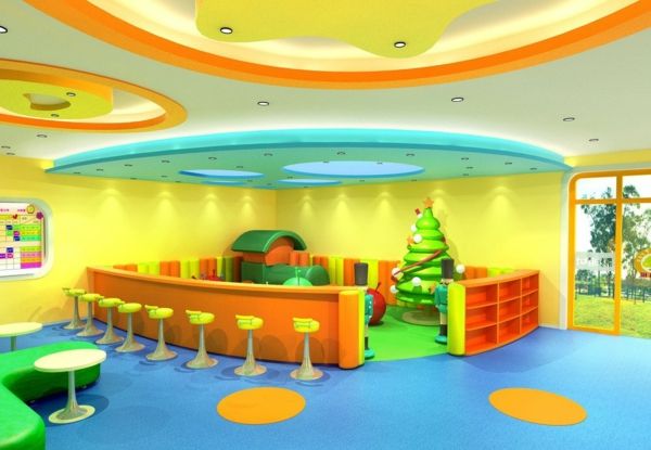 gradinita-interior ultra-modern-recepție-în-verde-portocaliu și galben