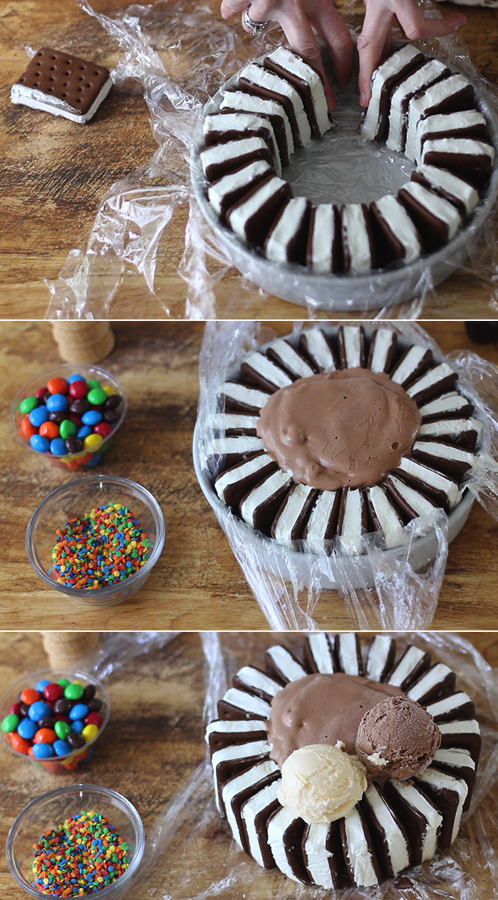 Detský narodeninový koláč tvorí koláč zo zmrzliny a čokoládového krému