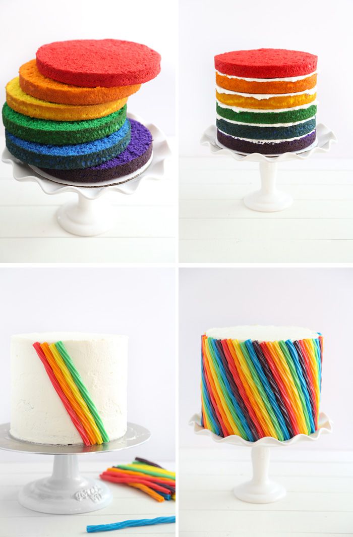 Torta di compleanno per bambini con tortini di gelatina e twizzlers arcobaleno di caramelle