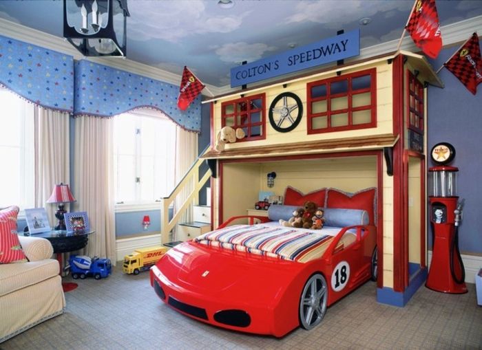 chlapci škôlka auto červená auto posteľ garáž imitovať hrať roh nad posteľou moderná izba