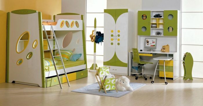 detská izba pre chlapcov nápady na dizajn žltej a zelenej farby na zdobenie vycpaného zvieraťa