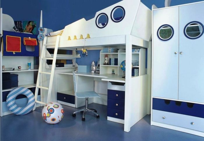 detská izba nápady chlapec biela modrá dizajn izby kabína štýl dieťa ako na lodi pocit