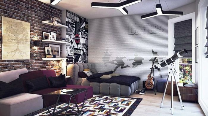 deti izba nápady chlapi dizajn v šedej a fialovej gitaru teleskop koberec tabuľky obrázky stena
