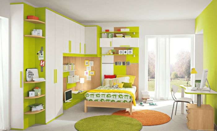 idei de design pentru camere de tineret în covoare rotunde de culoare albă și verde deco, portocaliu și pătură verde galben