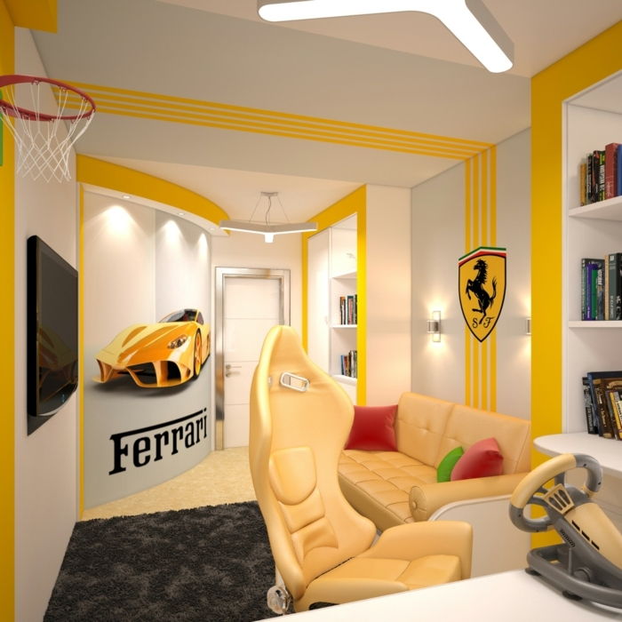 chlapci izba v žltej a hnedej nápady dizajnu interiéru pre chlapcov a dospelých ide o štýl ferrari