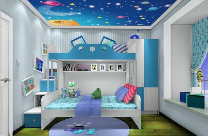 chlapec izba nápady v bielej a modrej plnené zvieratá na posteli farebné vankúše nápady koberec