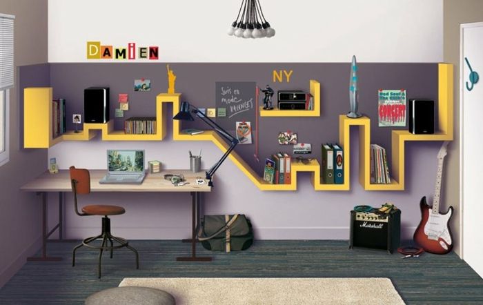 chlapec izba dizajn fialová stena v dvoch odtieňoch žltá dekorácie dizajn nápady gitara hudba chlapec