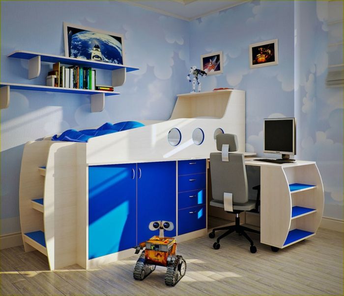 Mavi renkli kompakt ekipman rafları, bir filmden oyuncaklar gibi bir yatak
