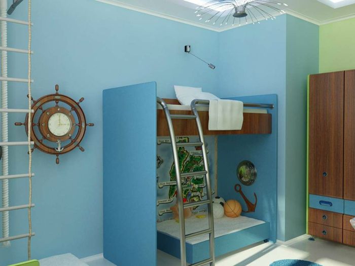 Mavi yatak ve ahşap dolap ile kompakt korsan çocuk odası, saat gibi direksiyon simidi, ip merdiven gibi saat