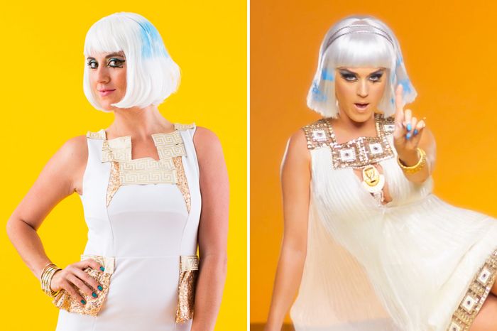 Gör din egen barndomsdräkt i vitt av Katy Perry med färgad peruk