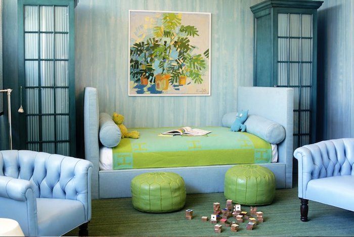 Projekt pokoju w zielone i niebieskie skórzane poduszki na podłodze pomysły ścienne decor mural fotel