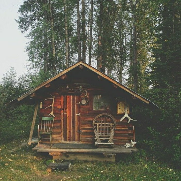kleine hut Antler Stoelen Bergen Bomen