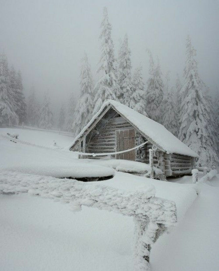 colibă ​​mici acoperite de zăpadă munți copaci