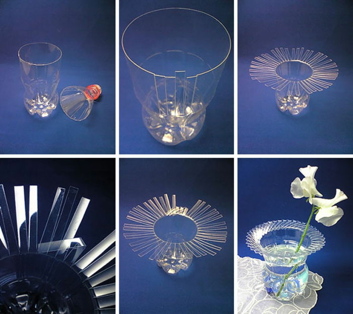 DIY váza vyrobená z fľaše sami, biely kvet, stolová dekorácia
