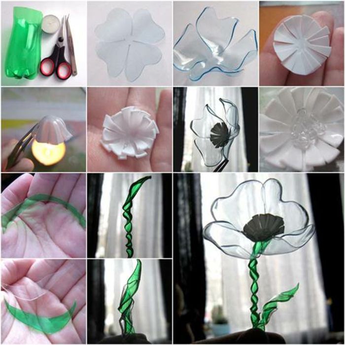 plastik çiçek yapma şişeleri, makas, mum, cımbız,