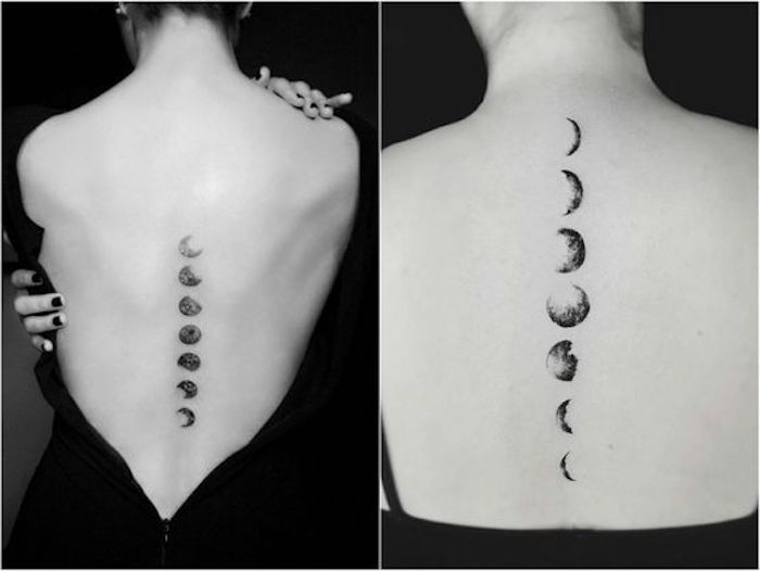 Înapoi tatuaje femei, rochie neagra strapless, tatuaj luna