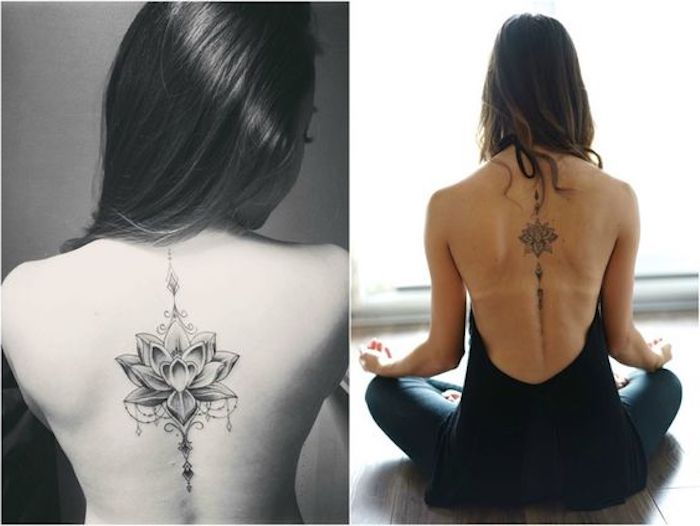 Moteris su ilgomis tamsiais plaukais su Lillieno tatuiruotėmis ant nugaros
