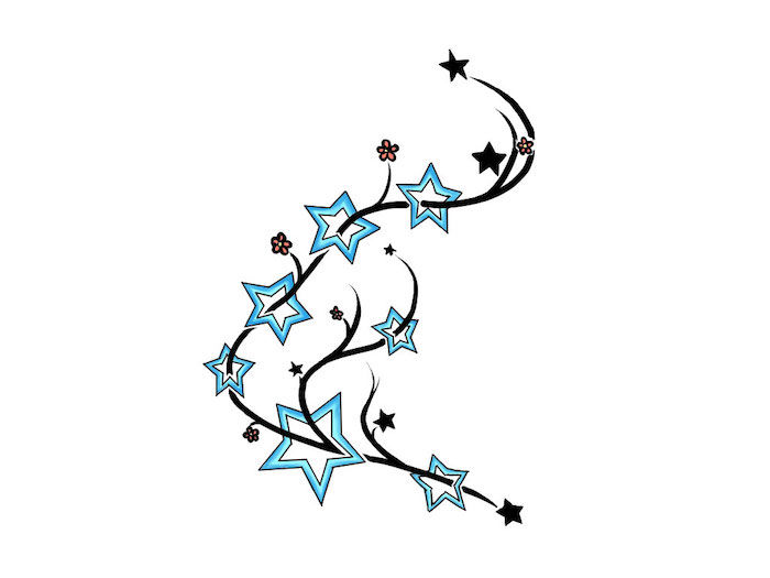een tatoeage van roze bloemen, kleine zwarte sterren en grote blauwe sterren - een ster-tatoeage