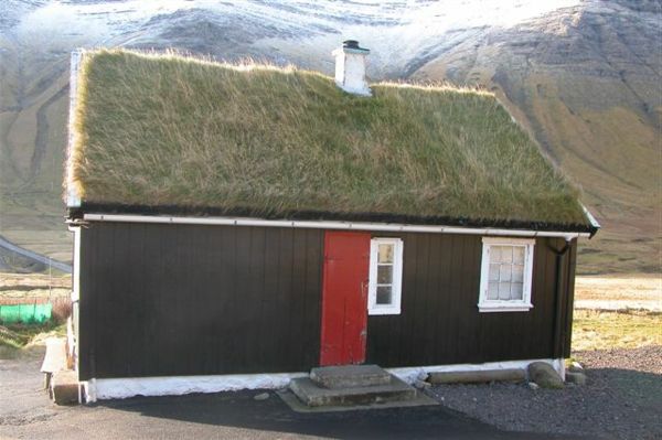 construirea unei case de mici dimensiuni - cu un acoperiș interesant - în spatele munților