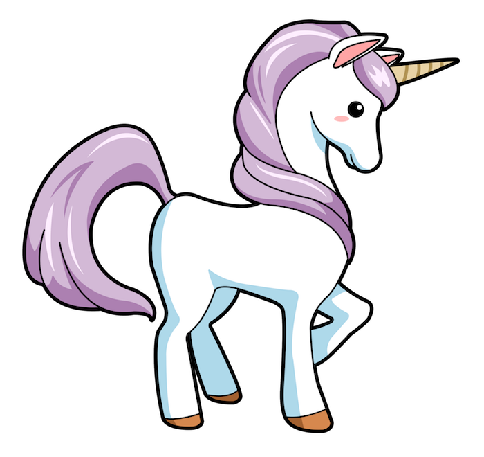 un mic unicorn alb, cu un coș duriu purpuriu și ochi negri și un corn de aur