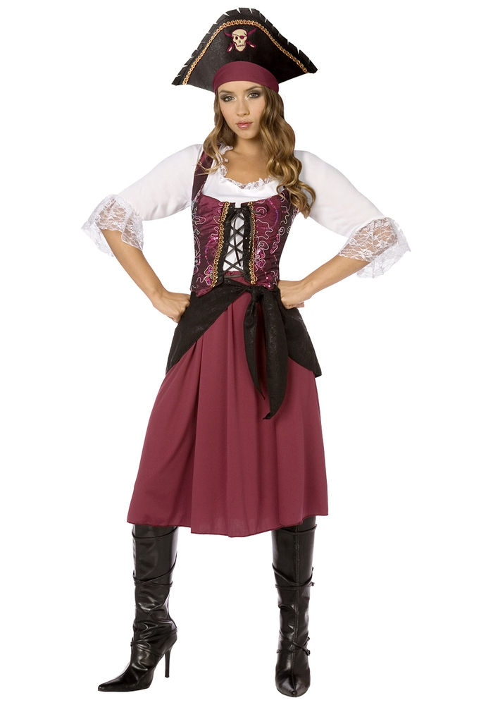 Usporiadajte masky, pirátske kostýmy pre dámy, tmavo červenú sukňu a bielu košeľu, pirátsky klobúk a kožené topánky