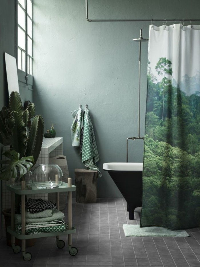 kreativ-bad design-ideer-vakre-gardiner-grønn-farge-frittliggende bad
