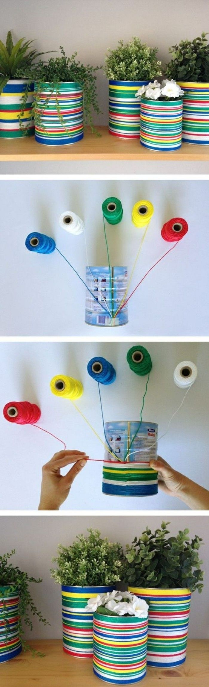 creative artigianali-idee-Pots-off lattine-thread-in-differenti-colori