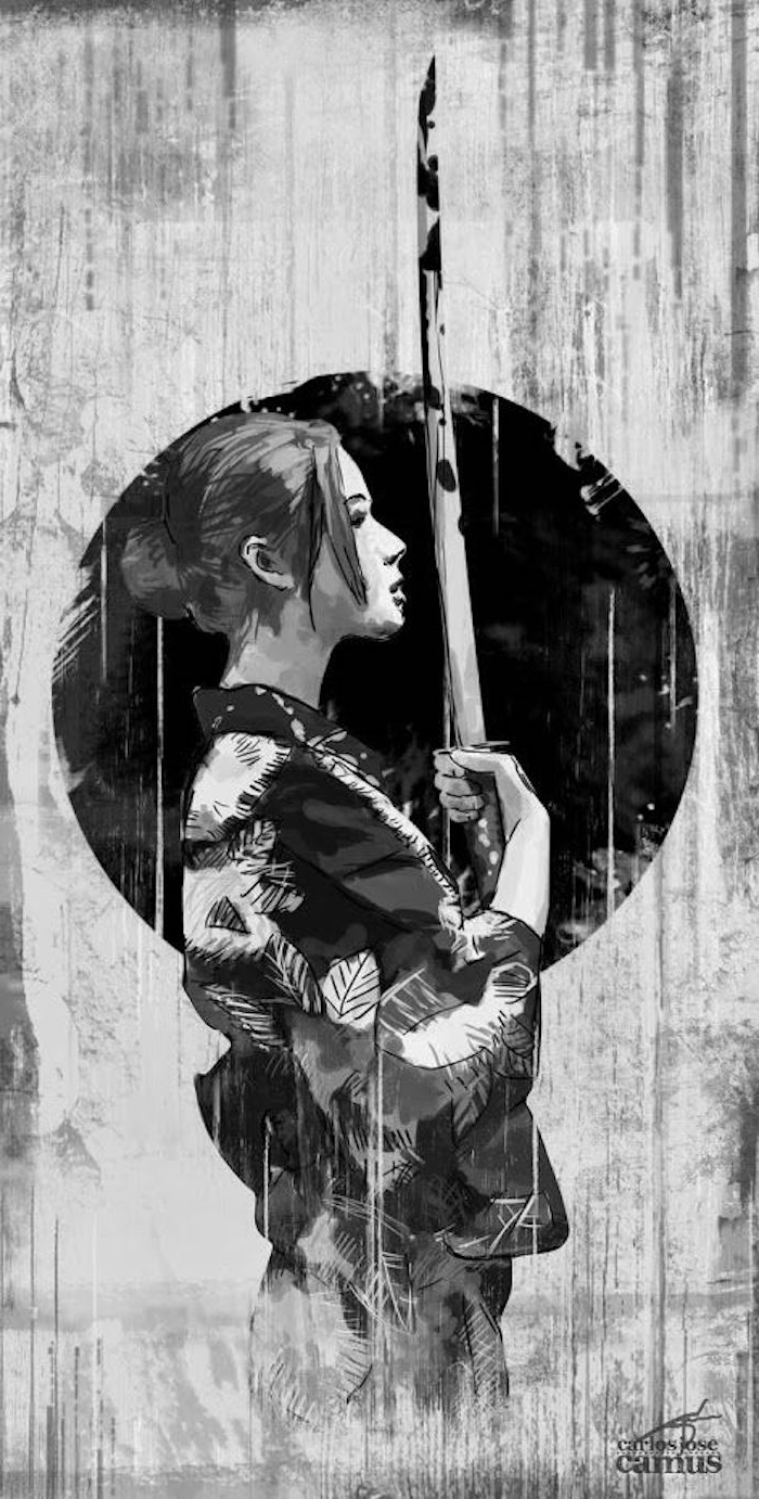 Guerreiro japonês, Katana, mulher com penteado preso, modelo de tatuagem