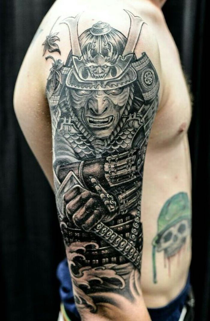 Japonský bojovník, lebka, maska, prilba, japonské tetovanie