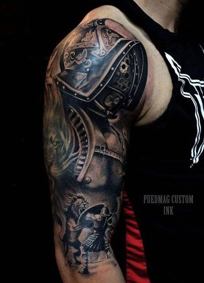 tatuagem de lutador, braço, tatuagem de braço, capacete, leão, tatuagem de braço superior