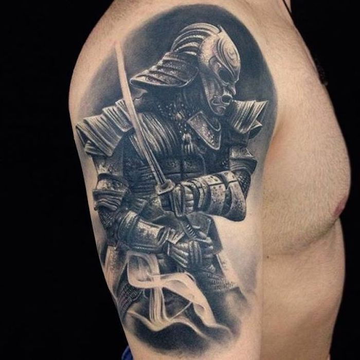guerreiro japonês, katana, máscara, capacete, equipamento, homem