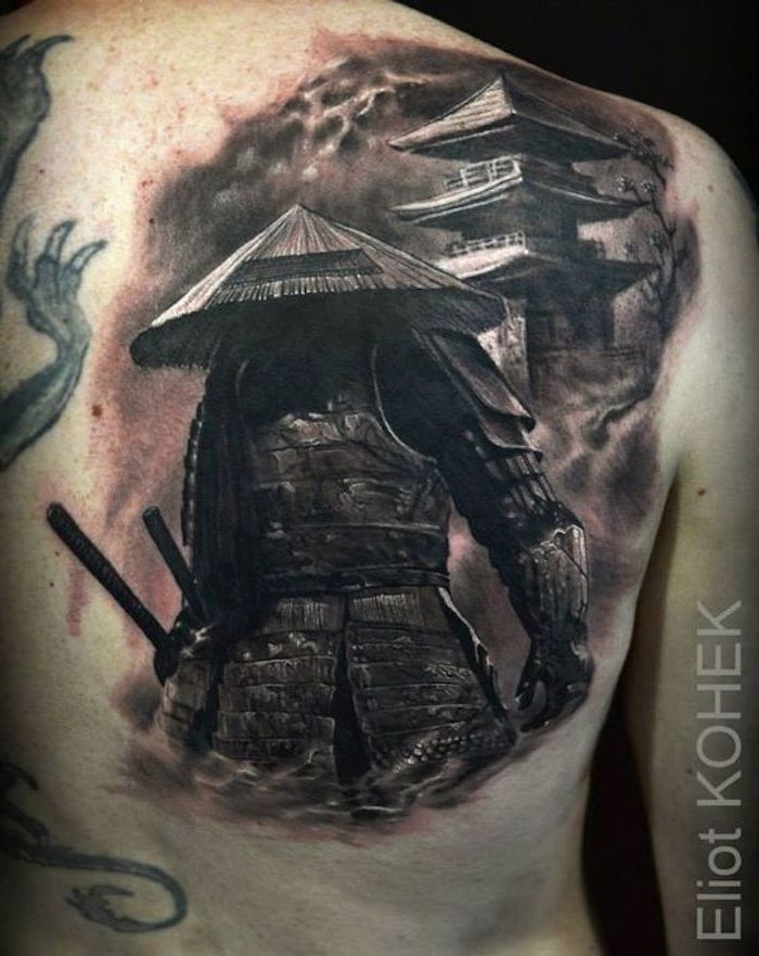 späť, tetovanie v čiernej a šedej farbe, japonské bojovníci