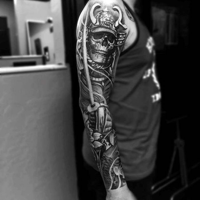 maska ​​samuraj, prilba, lebka, rukávy, tetovanie rukávy, tetovanie
