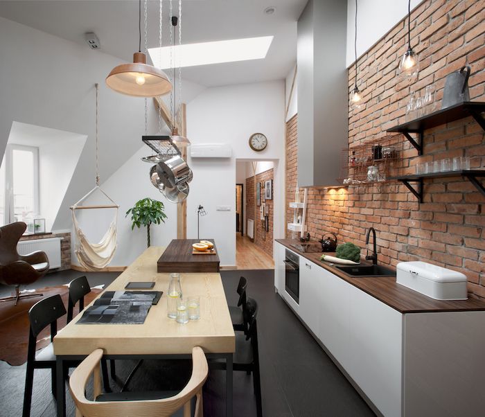 Stanovanje okrasitev kuhinje v podstrešju stanovanje ideje navdihneno mizo fotelja
