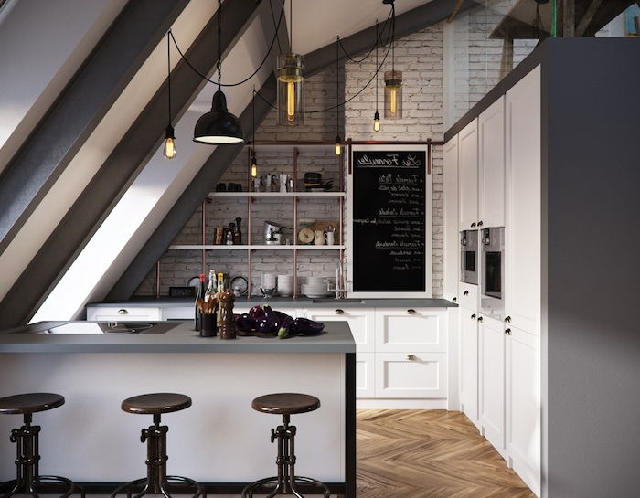 ravno oblikovanje sivo pohištvo bela design kabinet kuhinjski stolčki svetilke črna tabla