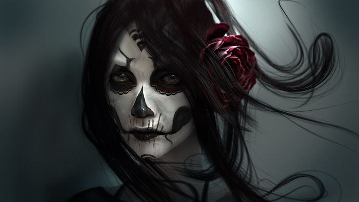 la catrina make-up - vrouw met zwarte lippen en een zwarte neus en groene ogen en een grote rode roos