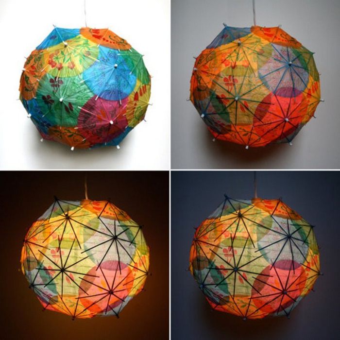 DIY lampeskjermer laget av fargerike cocktailparaplyer, inspirerende DIY-prosjekter
