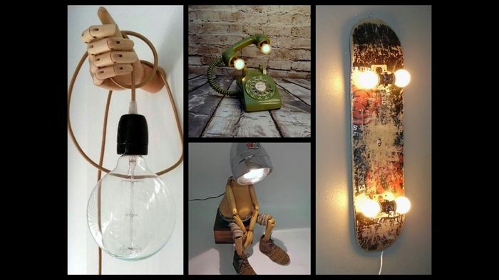 Lag lamper fra gamle gjenstander (skateboard, telefon og dukke) selv, DIY ideer for voksne