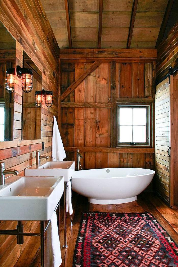 dom-łazienka-rustykalny dywan z-owalne wanny-i-