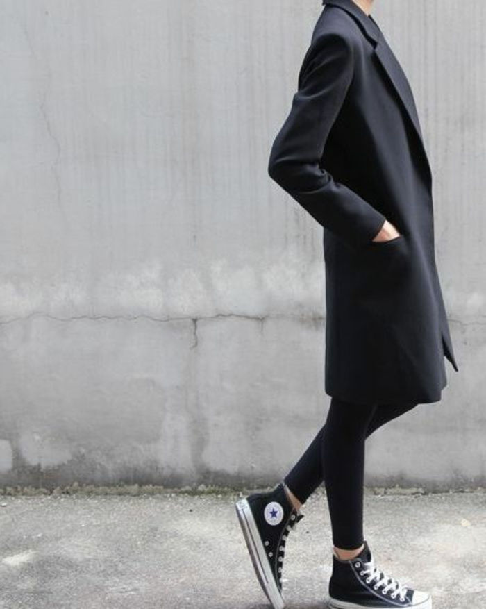 lång modell Coat Ladies svarta baseball skor extravagant kombination Street Fashion