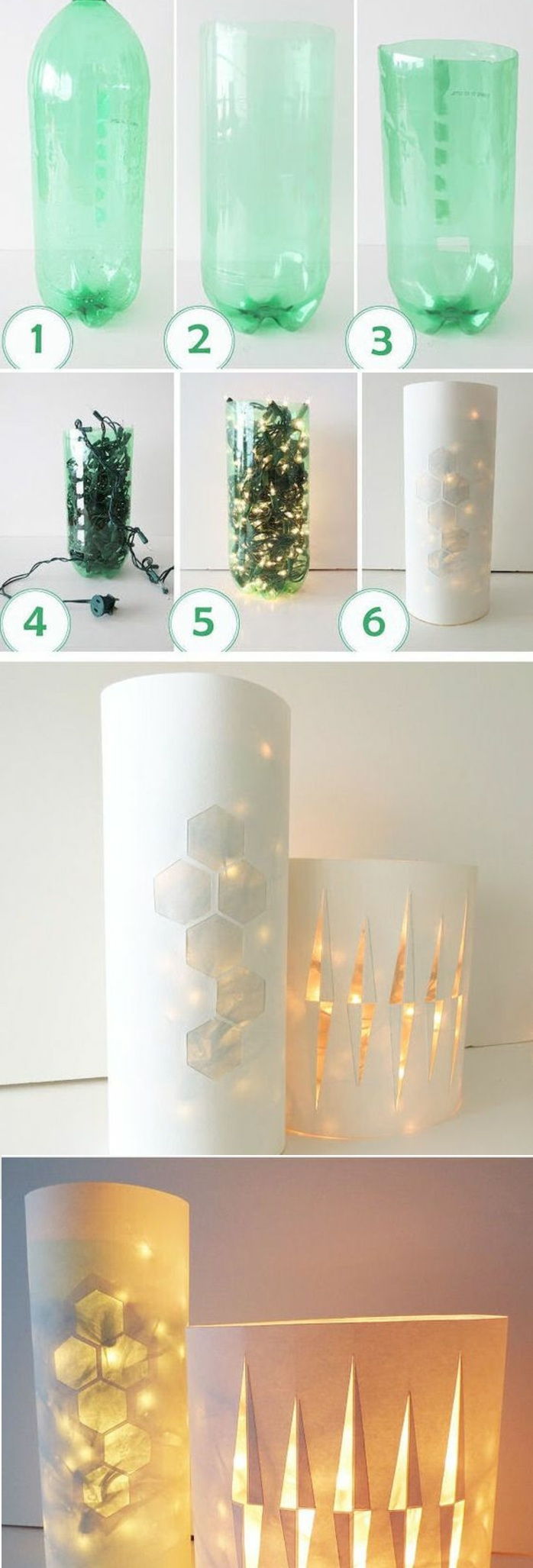 grønn plastflaske, julelys, hvitt papir