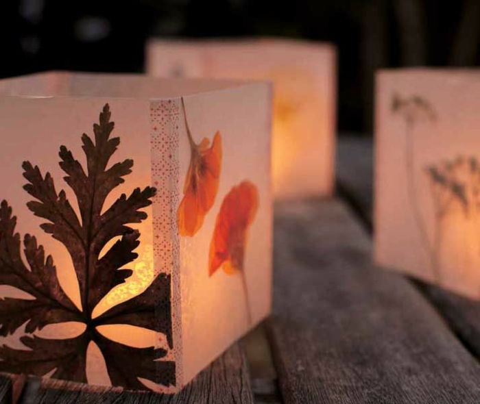 izdelava luči iz vosekovega papirja, listov dreves, cvetnih listov in pralnega traku