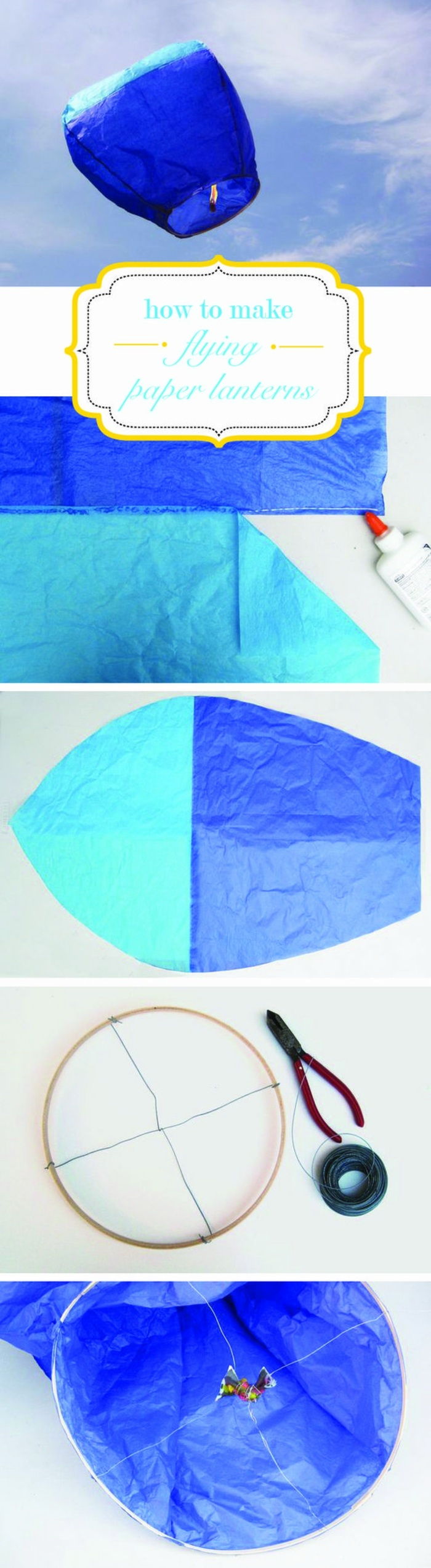crea la tua lanterna volante con carta blu, pinze, filo