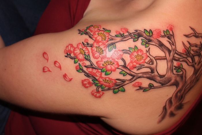 Celtic Tree of Life tatuaj ca și primăvara, cu flori roz pe umăr