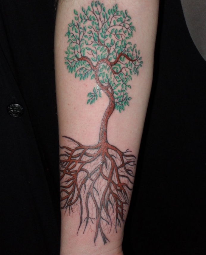 Arbore de tatuaj de viață pe antebraț un copac în primăvară cu rădăcină lungă