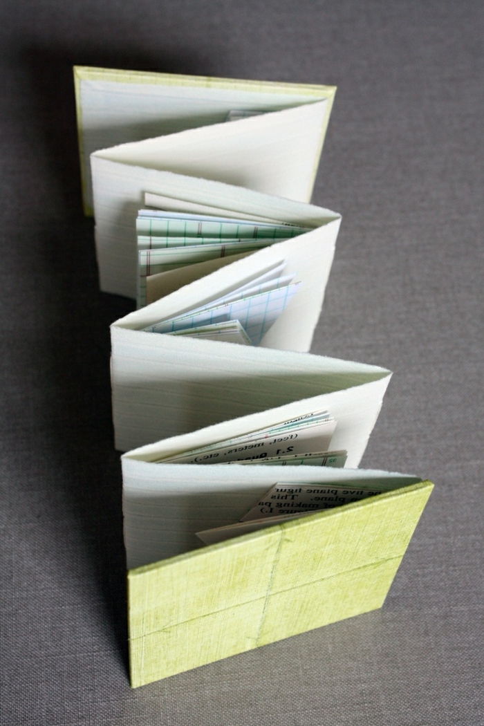Folduj ulotki, wkładając mniejsze papiery pomiędzy - zieloną kopertę
