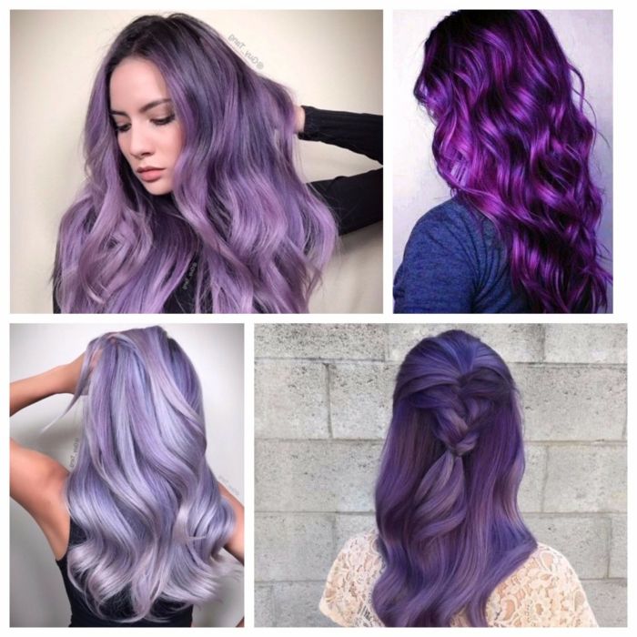 patru poze cu patru fete cu păr în nuanțe violete diferite cu nuanțe de culori diferite și nuanțe de culoare