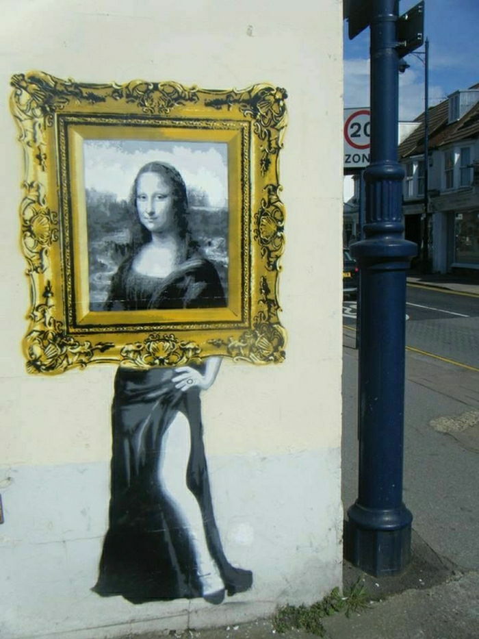 rolig Graffiti Mona Lisa ritning gyllene bildram